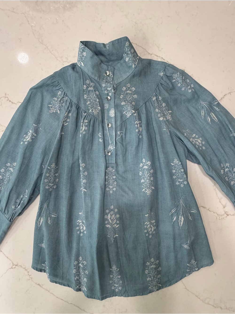 Tuckernuck Blue Chambray Floral Blouse Glass Buttons Size M